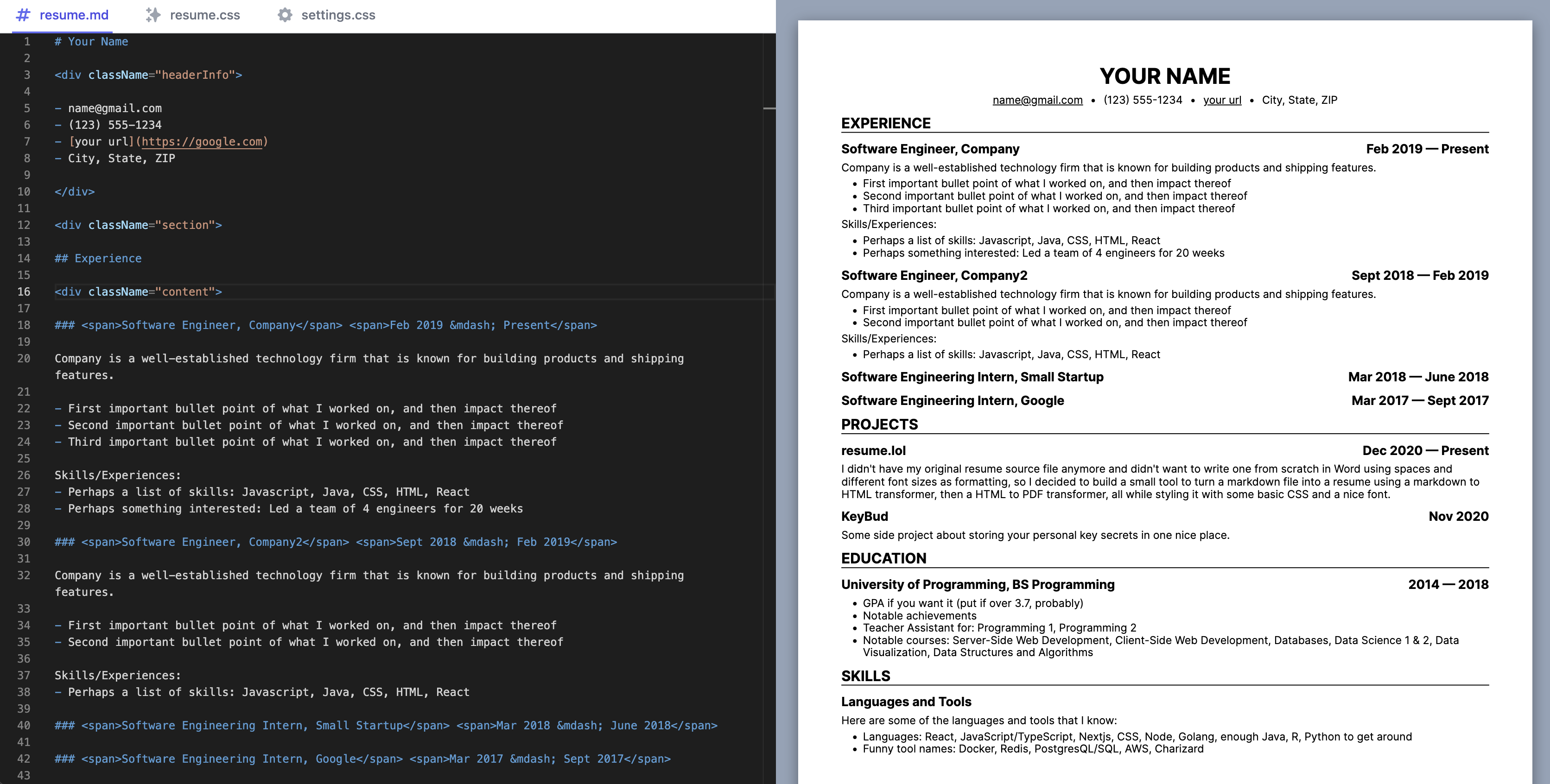Resume.lol editor showing markdown on the left and live PDF preview on the right